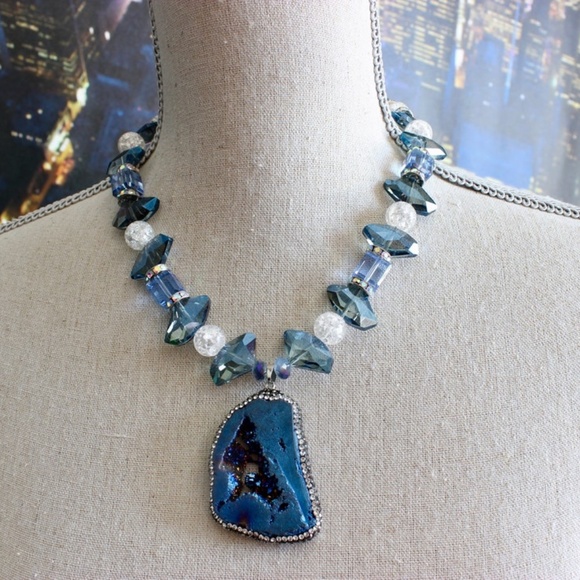 Cobalt Blue Druzy Stone Pendant Crystals Necklace - Picture 7 of 7